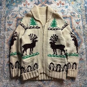 Vintage 70s Deer Zip-up Wool Cowichan Sweater Medium